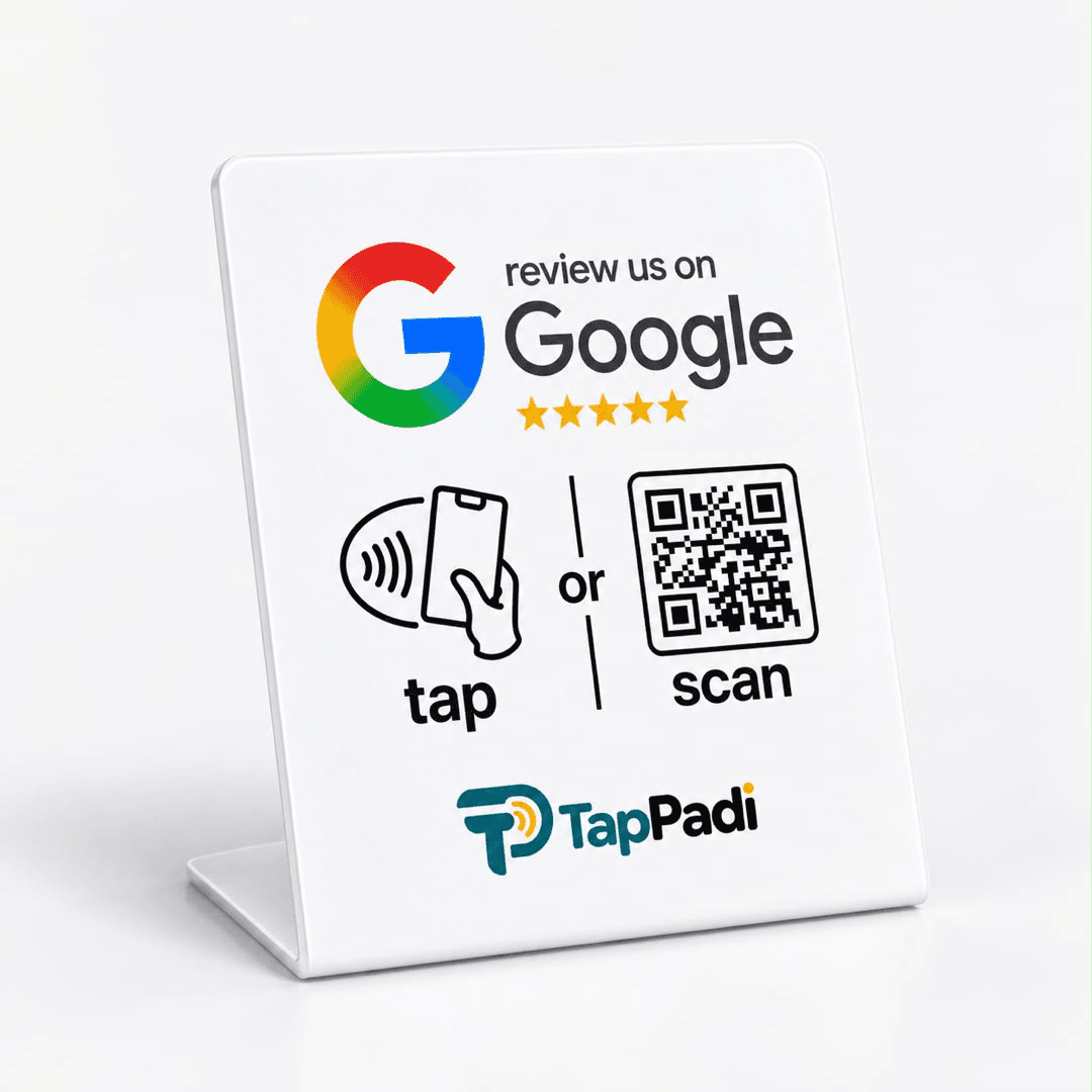 TapPadi Review stand: 'review us on Google' with tap and scan options